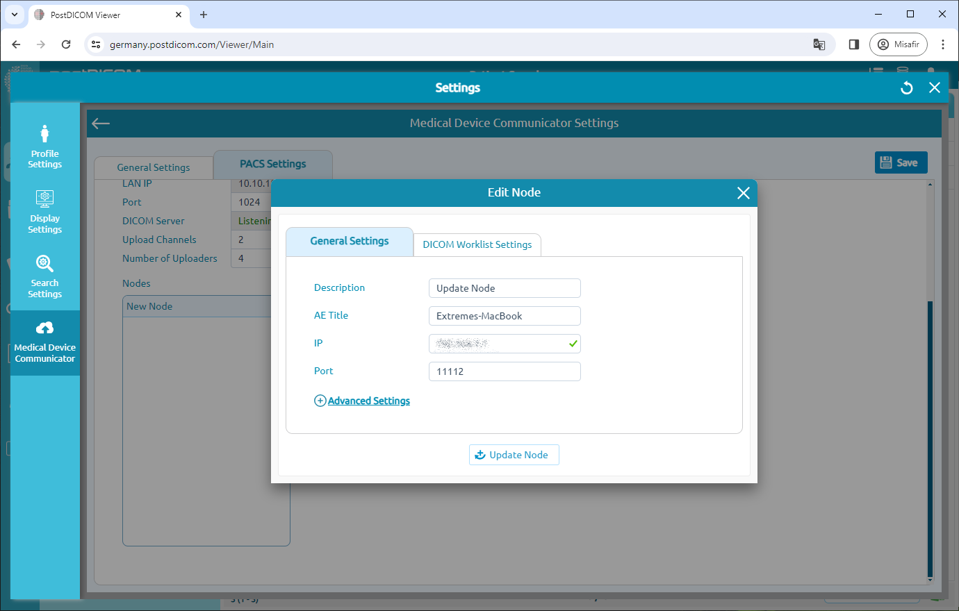 Editing Medical Device Communicator (MeDiC) PACS Server Settings for Windows