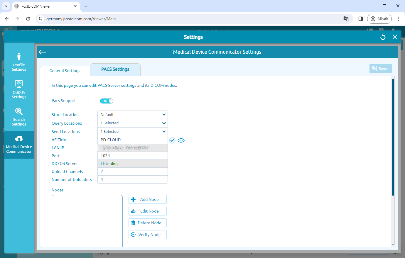 Editing Medical Device Communicator (MeDiC) PACS Server Settings for Windows