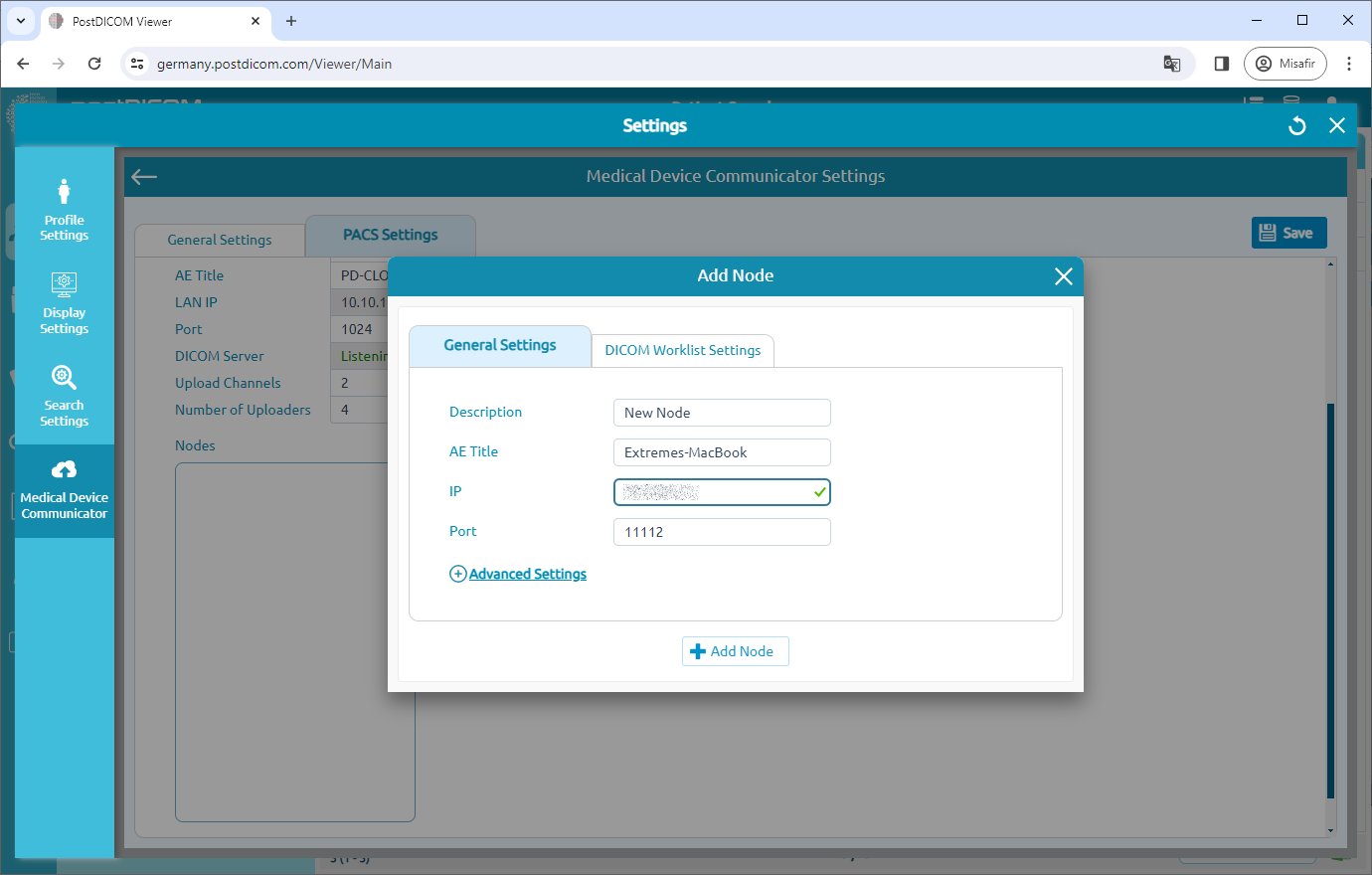 Editing Medical Device Communicator (MeDiC) PACS Server Settings for Windows